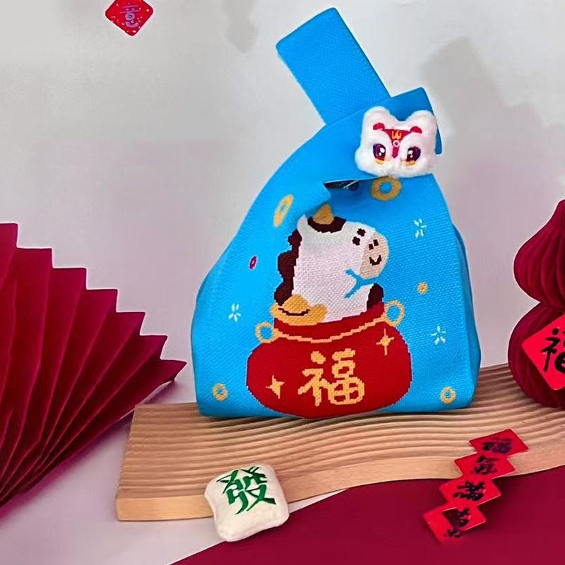 2026 New Year Cartoon Mascot Pony Knitted Gift Bag Handheld Candy Bag Large Capacity Knot Wrist Bag Cute Reusable Shopping Bags