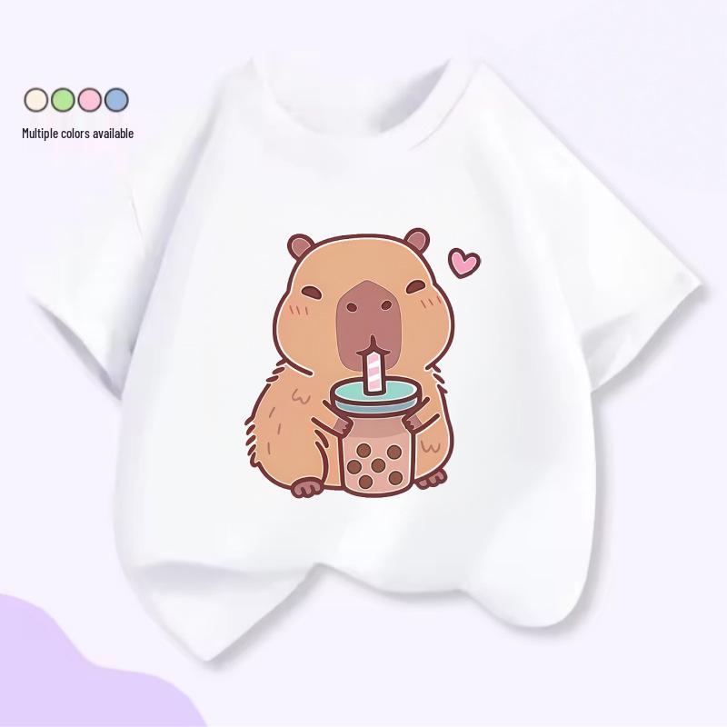 Unisex Kids’ Cute Capybara Milk Tea Cartoon T-Shirt - Loose Summer Casual Short Sleeve Top