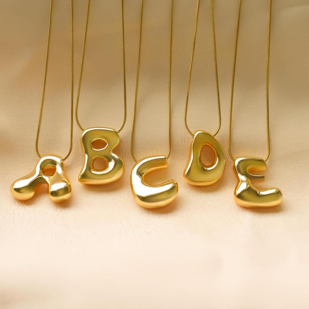 18K Gold Plated Copper Balloon Bubble Chubby Alphabet Pendant Necklace