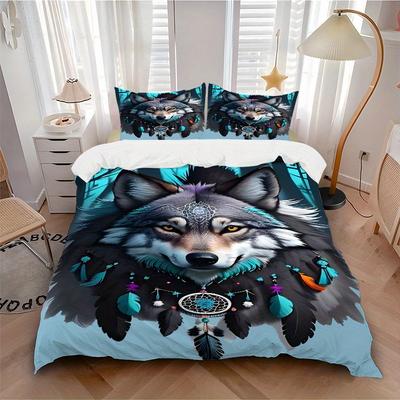 3pcs Set Wolf Dreamcatcher 1 Quilt Cover + 2 Pillowcases, All Seasons Bedroom Setting, Perfect for Home and Dorm Decor A183