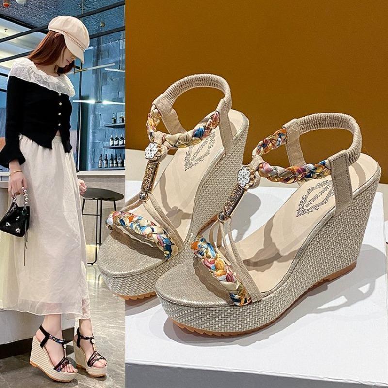 Damen Übergröße Colorblock Gewebte Peep-Toe Plateau-Sandalen, Klobiger Absatz Lässige Sommerschuhe