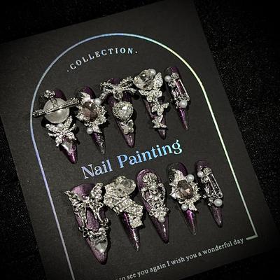 Handmade Luxury Press On Nails Long Almond French Tip Sparkly Fake Nails 3D Rhinestones Designs Acrylic Nails Reusable Stick On Nail for Women