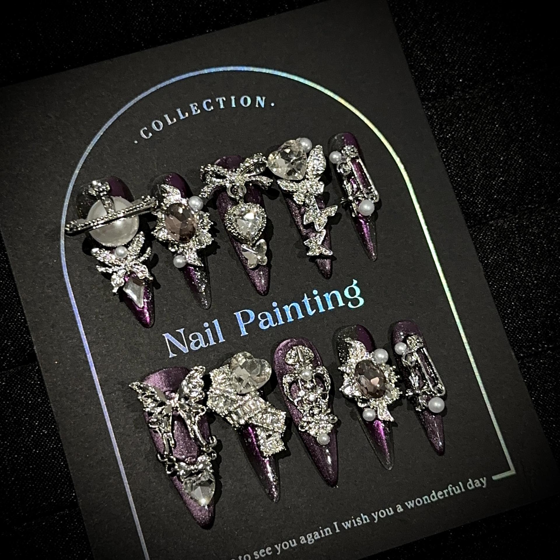 

Роскошные накладные ногти ручной работы, длинные, миндалевидной формы, с французским кончиком, блестящие, искусственные ногти, дизайн с 3D стразами, акриловые ногти, многоразовые наклейки для женщин L