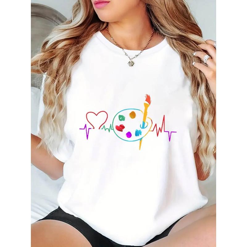 Women's Colorful Palette EKG Print T-Shirt Casual Crew Neck Short Sleeve Top