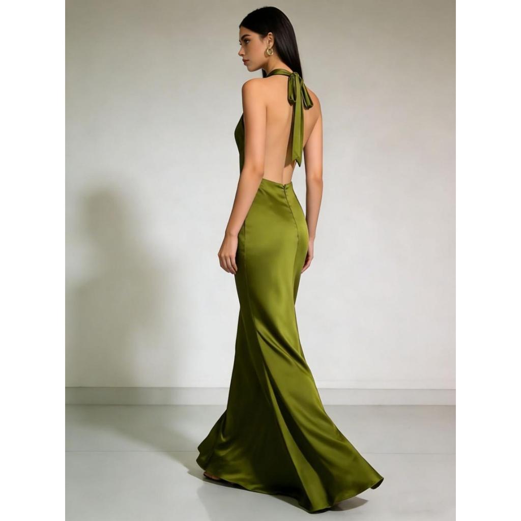 Sommer-Neckholder-Rückenfreies Satin-Abendkleid, Elegantes Sexy Langes Abschlussballkleid für Brautjungfernparty