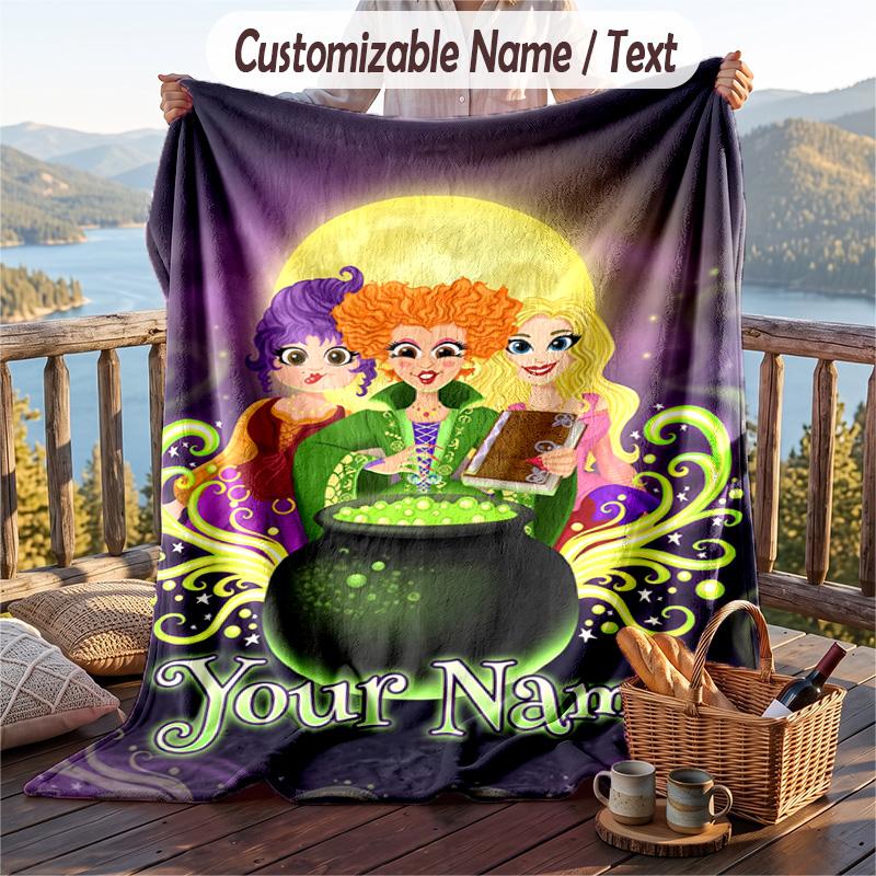 Custom Text Flannel Throw Blanket, Lightweight Cozy Bed Sofa BlanketHocus Pocus Sanderson Sisters