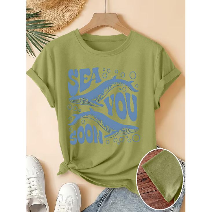 Women's Elegant Short-Sleeve Gift with Bubble Blue Whale Fun English Print Pattern and Vintage Round Neck T Fresh and Natural Style Loose-fitting