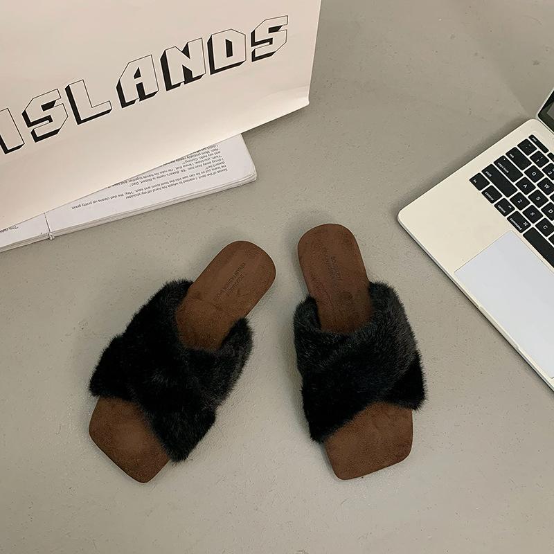 

Fluffy slippers women s cross belt outer wear flat autumn and winter fashion versatile plush slippers 35