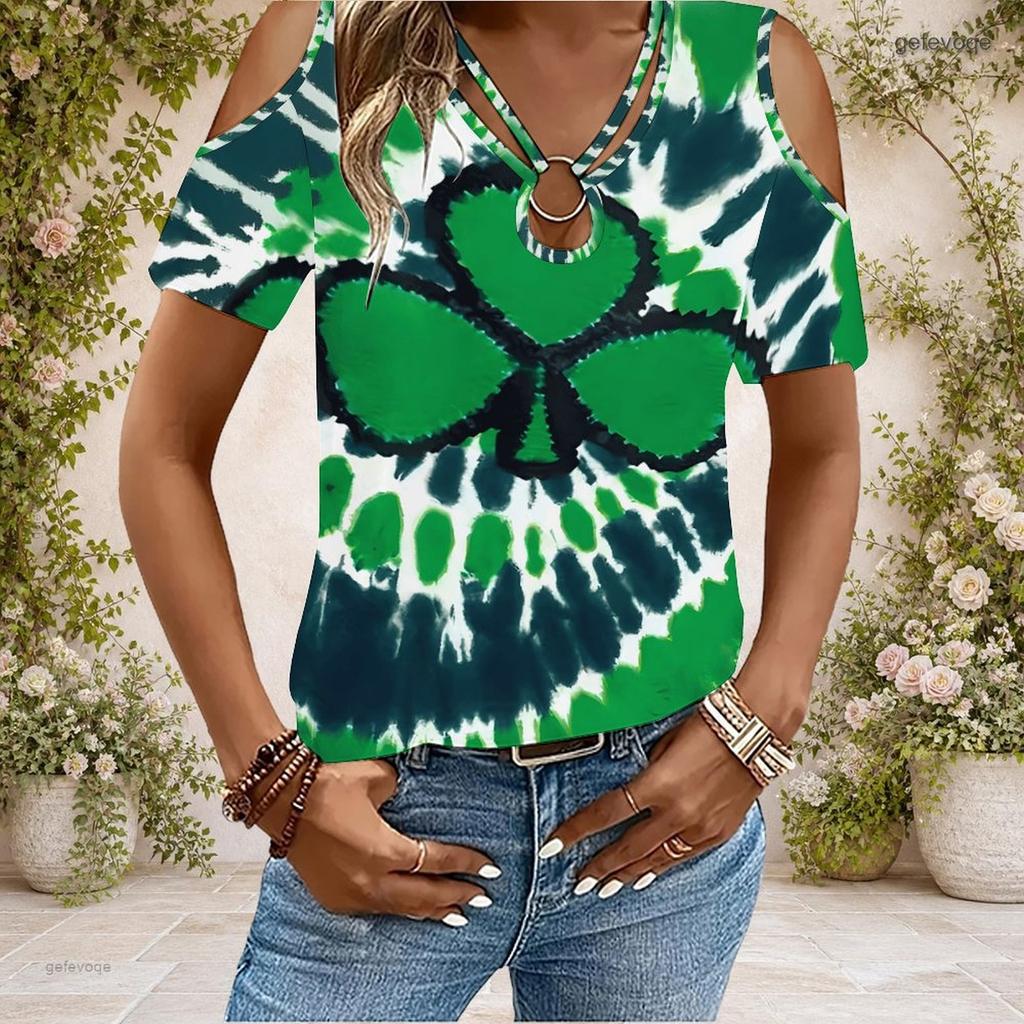 Women Plus Size Keyhole Ring Neck Cold Shoulder Geometric Printed Short Sleeve Top