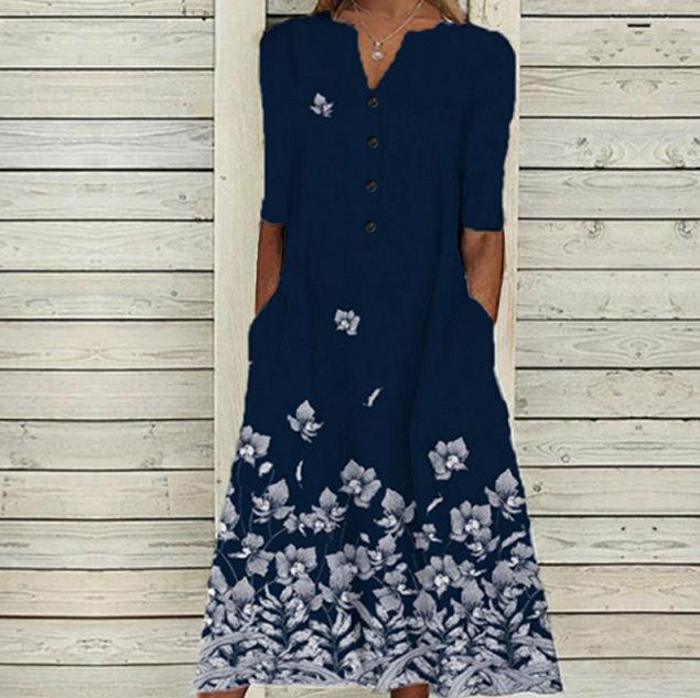 Floral Print V-Neck Mid-Sleeve Casual Dress with Pockets, Button Front, Loose Fit - White/Light Blue/Pink