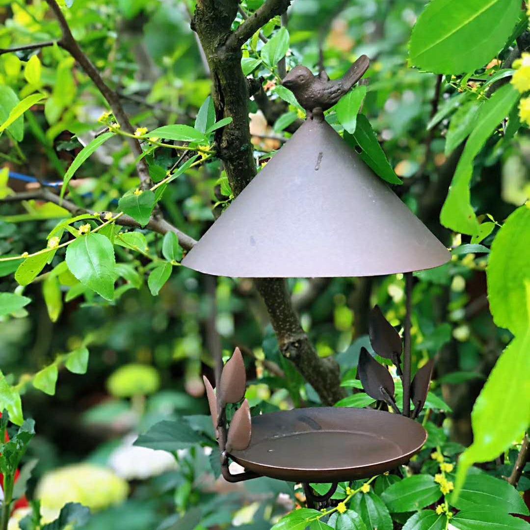 Wrought Iron Aged Bird House & Feeder Ornament for Garden Decor