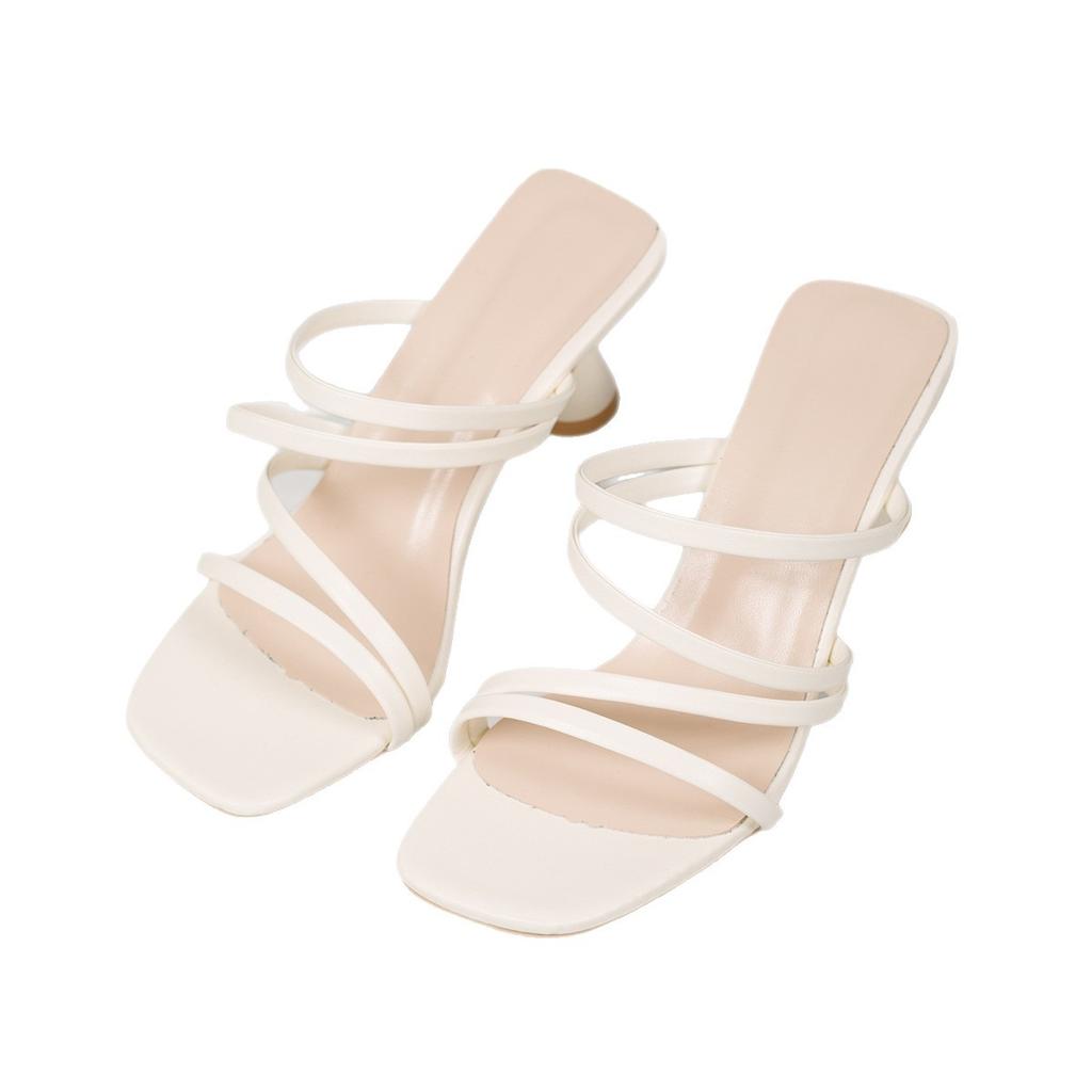 Black Thin Strap High Heel Women 2025 New Medium Heel Cool Slippers Women Wear Sexy One-word Strap Women's Shoes