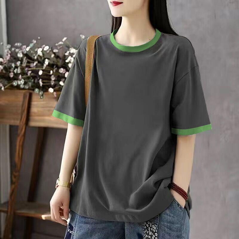 

Famous Foreign Trade Export 100% Cotton Summer Top round Neck Thin Color Matching Print Artistic Women Short sleeve T-shirt Grey [pure color]] XL