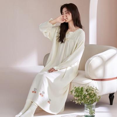 Sweet Princess Style Lady Spring And Autumn Long-Sleeved Nightgown Pajamas Pure Cotton Gauze Can Be Worn Outside Loungewear