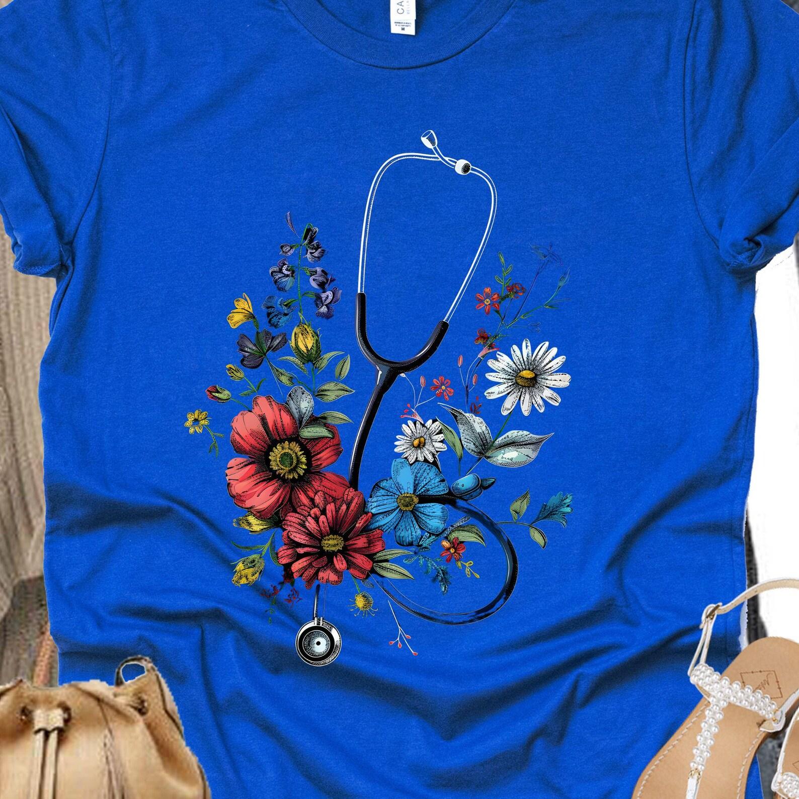 Floral Stethoscope T-Shirt | Nurse Doctor Medical Floral Tee, 11 colors 2XL