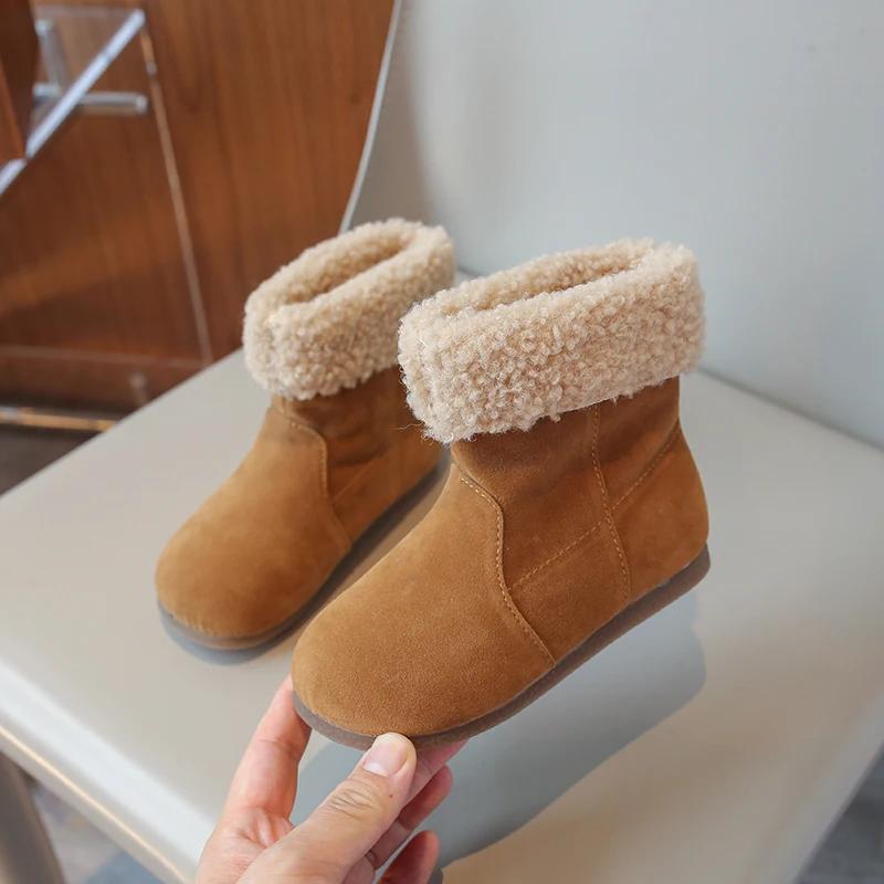 2024 Children Short Boots for Girls Winter New Fashion Korean Style Soft Bottom Versatile Anti-slippery Chic Plush Leather Shoes