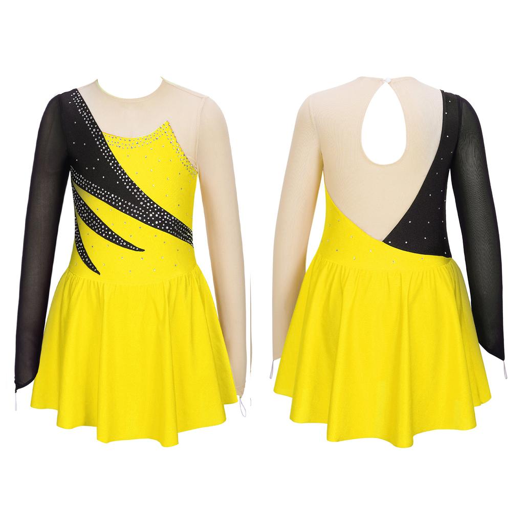 Kids Girls Long Sleeve Sparkling Rhinestone Decor Hollow Back Gymnastics Dance Skating Dresses