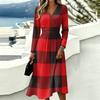 Women's Plaid Print Casual Long Sleeve V-Neck Dress with Pockets for Everyday Wear