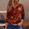 Women's Fashion Casual Christmas Print V-Neck Button Three-Quarter Sleeve T-Shirt Top