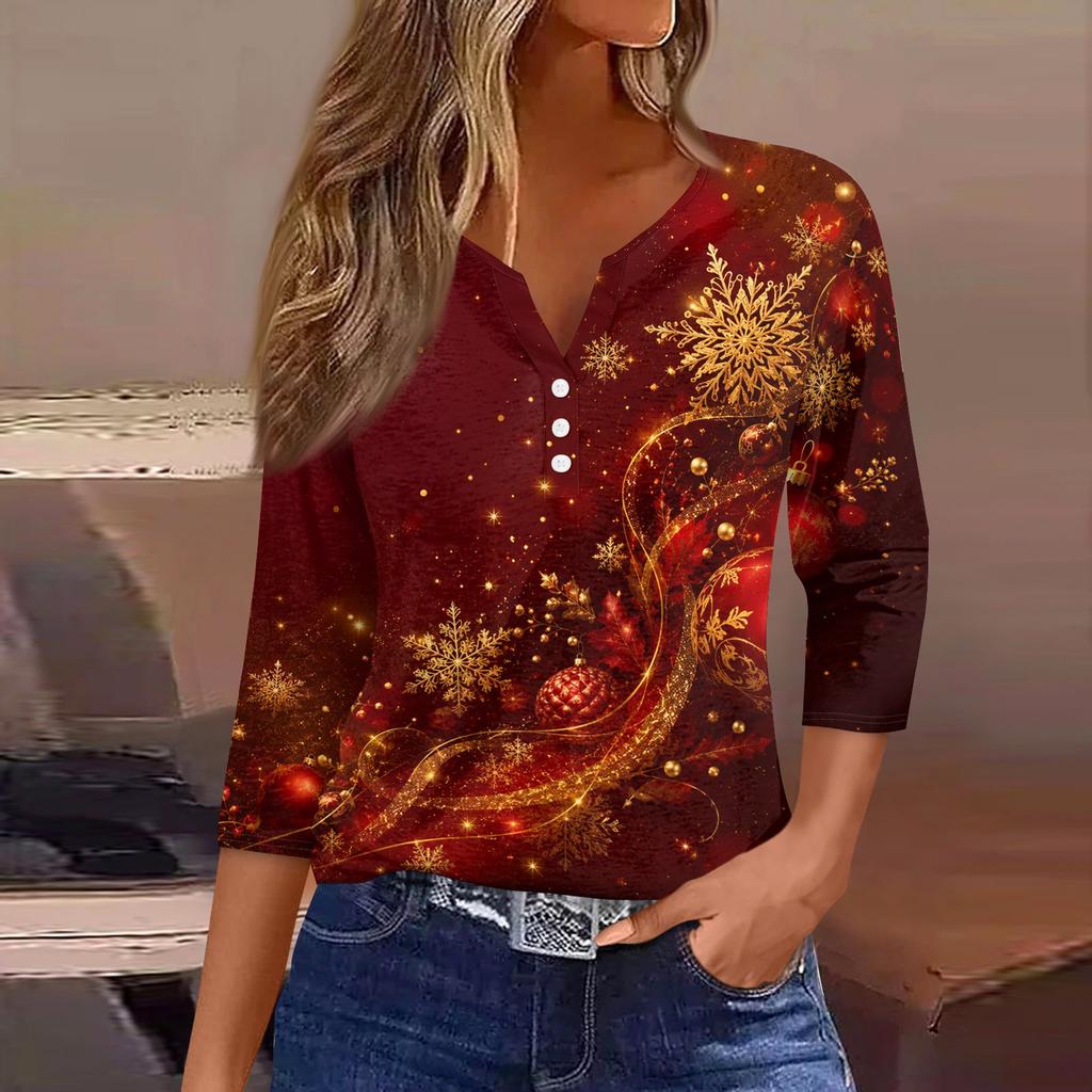 Women's Fashion Casual Christmas Print V-Neck Button Three-Quarter Sleeve T-Shirt Top