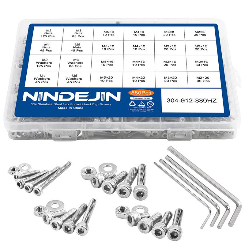 NINDEJIN 880pcs Hex Hexagon Socket Screw Assortment Kit M2 M3 M4 M5 Stainless Steel Flat Round Cap Head Bolt and Nut Set