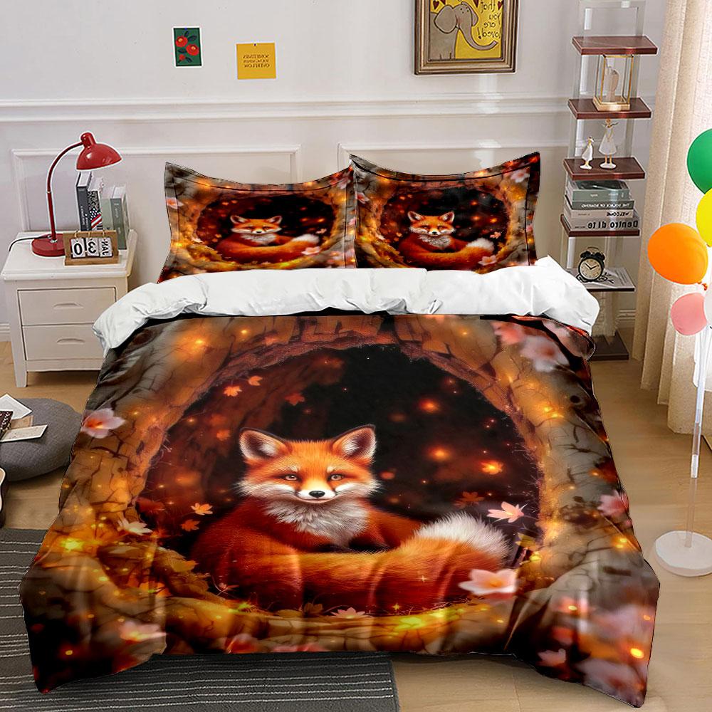 Fox Themed Cozy Decor Set Soft Skin-Friendly Bedding Set Includes 1 Duvet Cover And 2 Pillowcase Gift