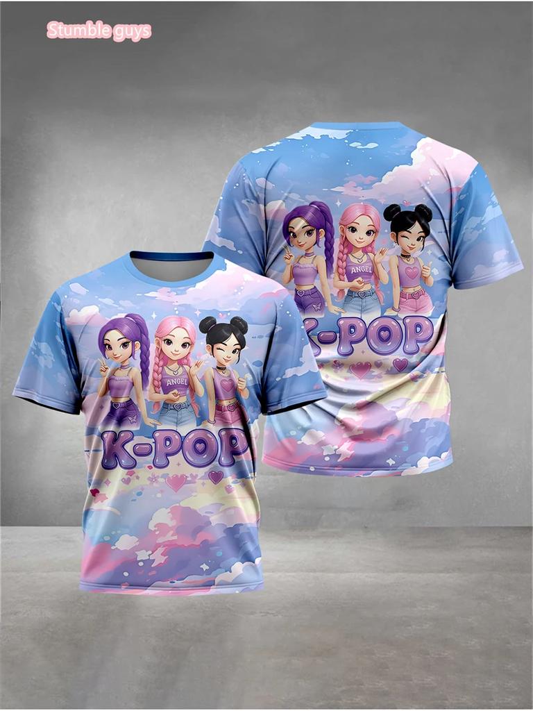 Kpop T-Shirt Casual Anime Character Print Short Sleeve Anime Clothes Soft Comfortable Kids Tee