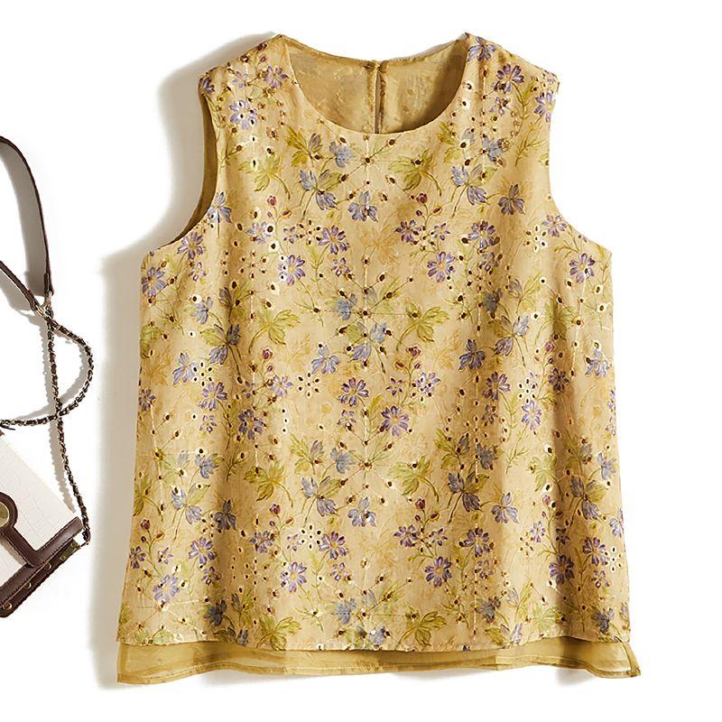 

Italy Export Orders! Silk Yarn Ripped Printing and Dyeing Galsang Flower Sleeveless Vest T-shirt Female Sunshine Elegant Yellow L