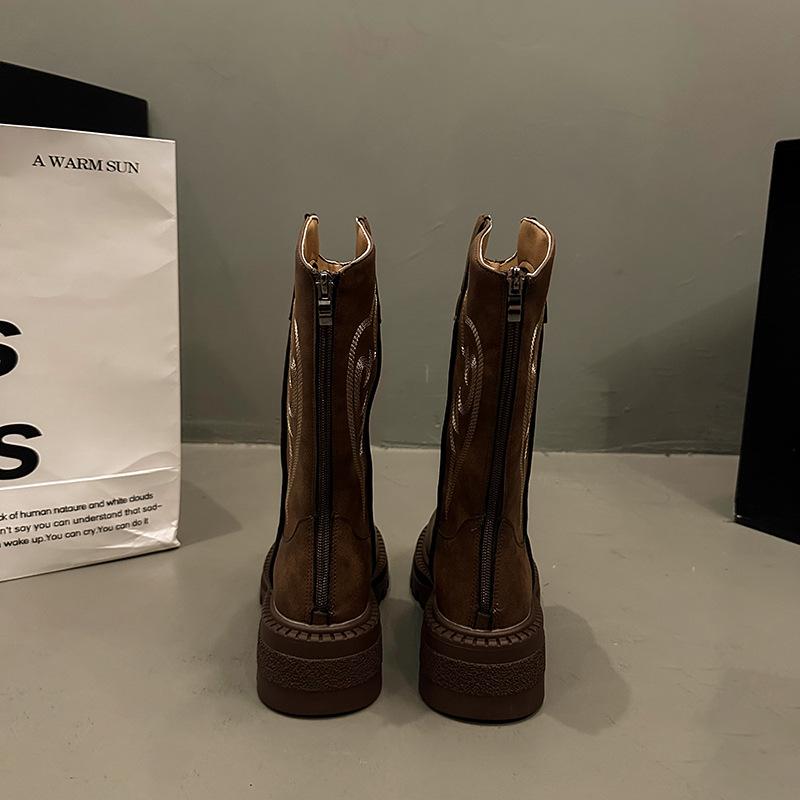 Brown embroidered retro western cowboy boots women's 2025 new summer V-mouth knight boots thick-soled thin short boots