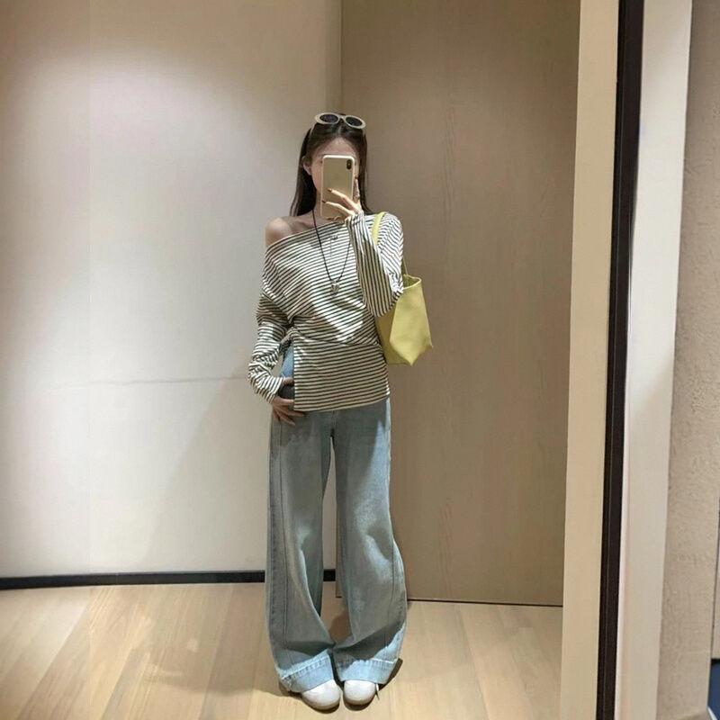 2025 Šik pruhovaný top s odhalenými rameny a dlouhým rukávem, zeštíhlující dámský top na jaro/léto