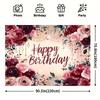 2D Floral Burgundy Pink Happy Birthday Backdrop Banner for Birthday Party Photography Decoration