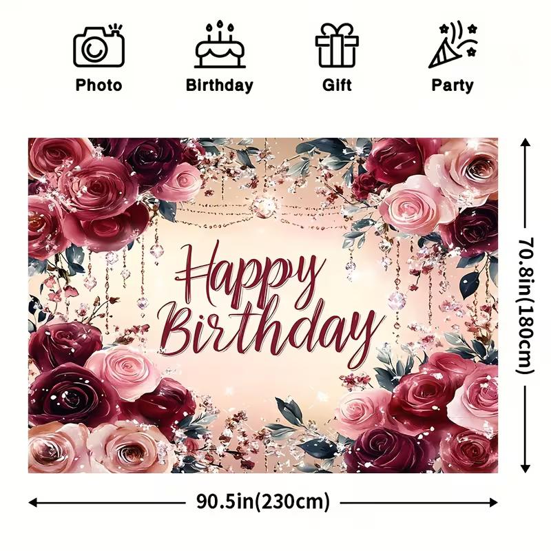 2D Floral Burgundy Pink Happy Birthday Backdrop Banner for Birthday Party Photography Decoration