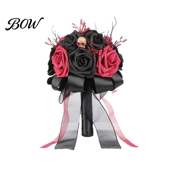 Spooky Wedding Bouquet Gothic Bride Bouquet, Artificial Black Red Rose Flower Pumpkin Decoration with Skeleton Hand Skull for Bridal Bridesmaid C