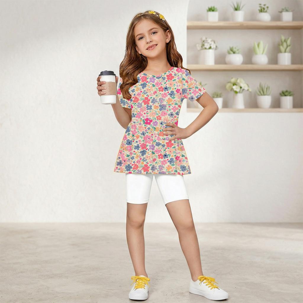 Girls Summer Outfit Short Sleeve Ruffle Hem Top with Floral Print and Solid Color Shorts Two Piece Set for Kids Casual Wear