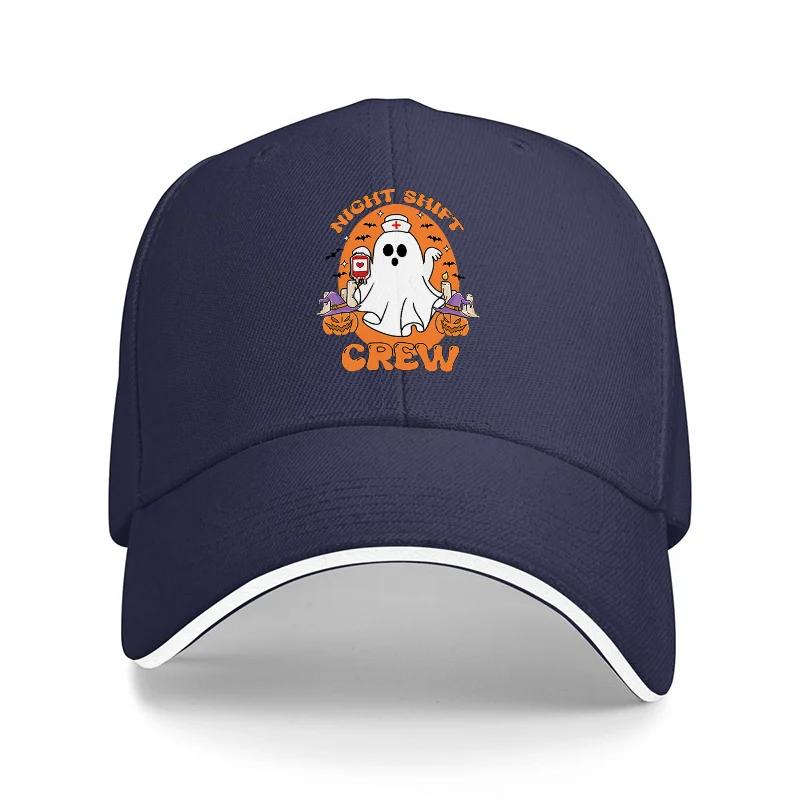 Night Shift Crew Ghost Logo Baseball Cap Black Adjustable Hat with Orange and White Design for Men and Women