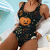 Women Plus Size Scoop Neck Wide Straps High Cut One Piece Swimsuit Halloween Pumpkin Floral Printed