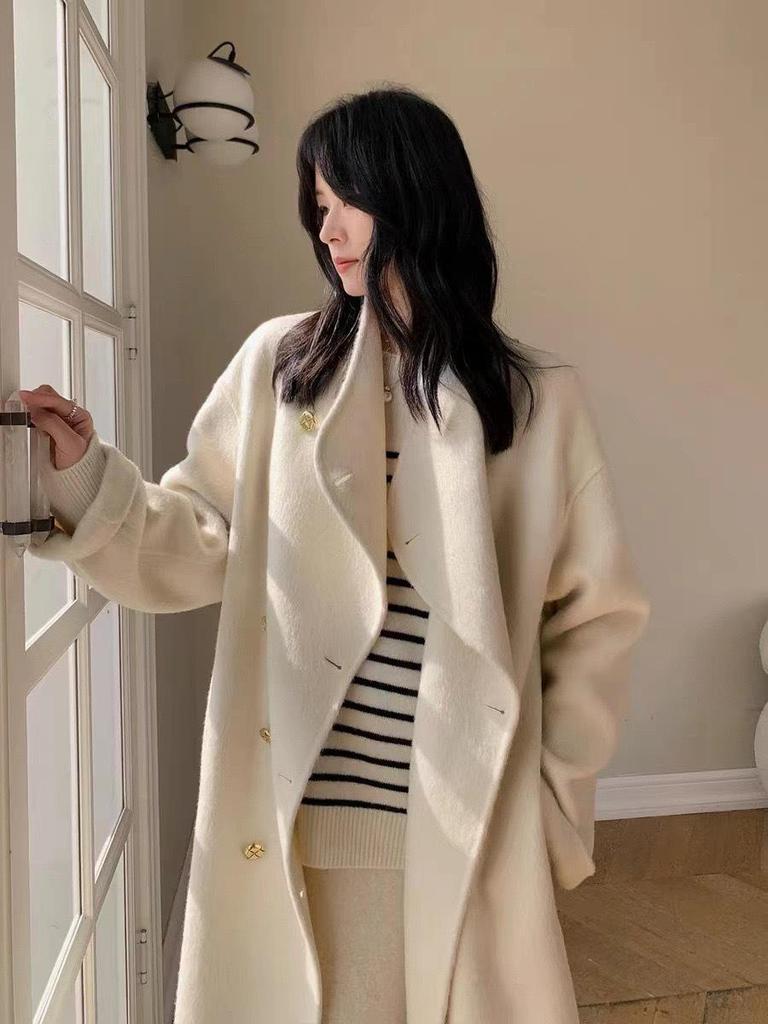 Korean High-Collar Gentle Gray Loose-Fit Wool Coat for Women - Autumn/Winter Fashion