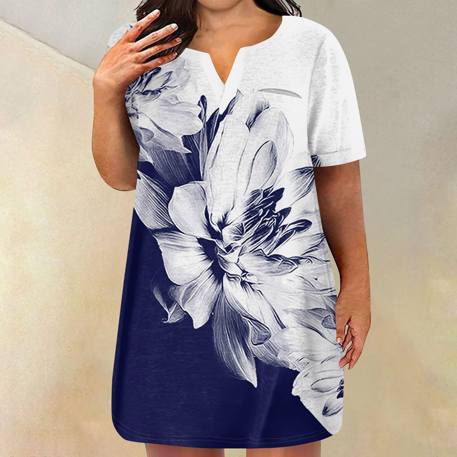 

Женские платья больших размеров с V-образным вырезом и коротким рукавом, летнее повседневное однотонное платье-туника с карманом XL