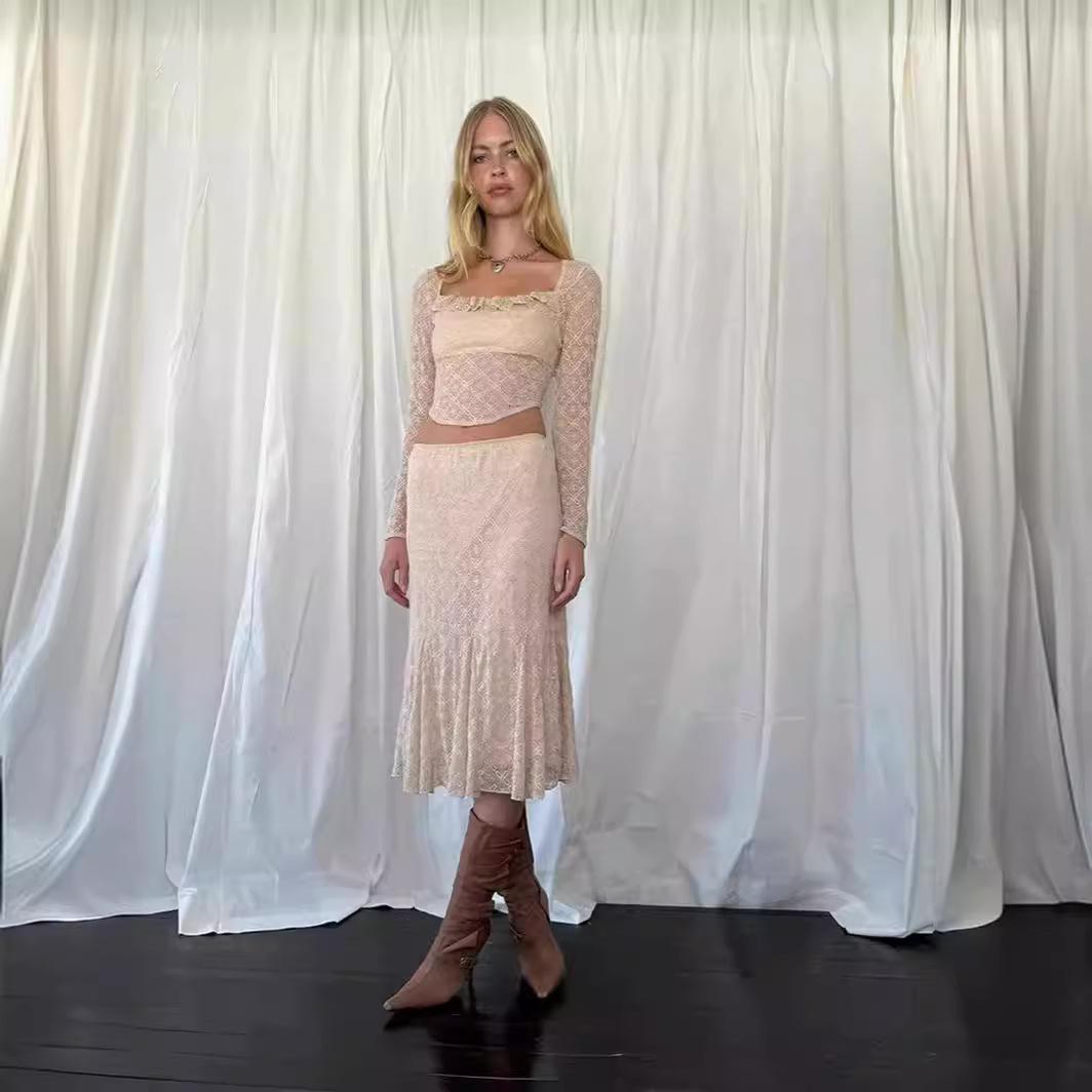 

Трикотажные комплекты, осенне-зимние наряды с длинными рукавами, бандажный топ, плиссированные юбки, платье, комплекты из двух предметов, S-XL XL бежевый