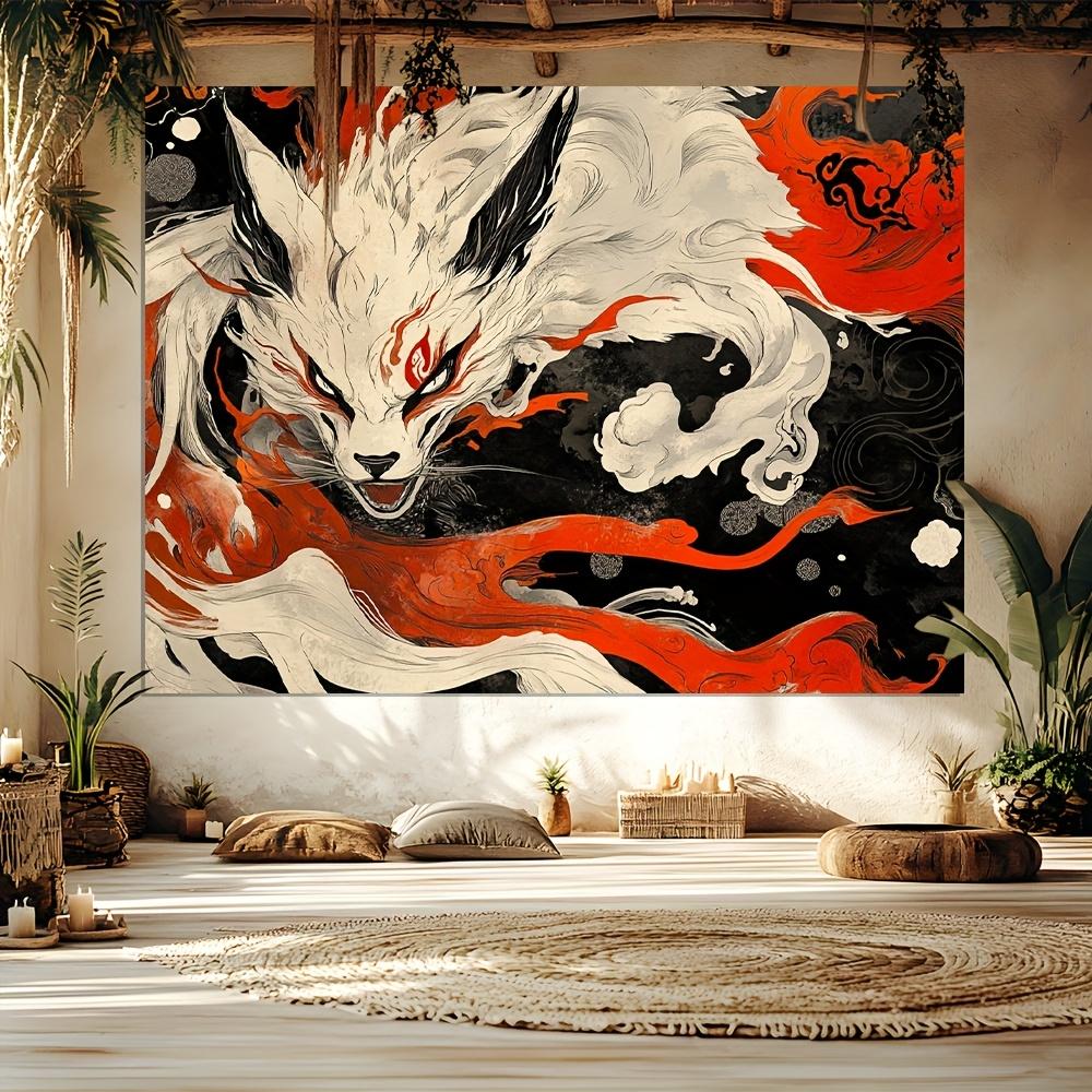 Mysterious Fox Keeper Tapestry-Arctic White Fox, Zen Meditation Space Wall Cloth Art Deco for Living Room Bedroom 100X70CM