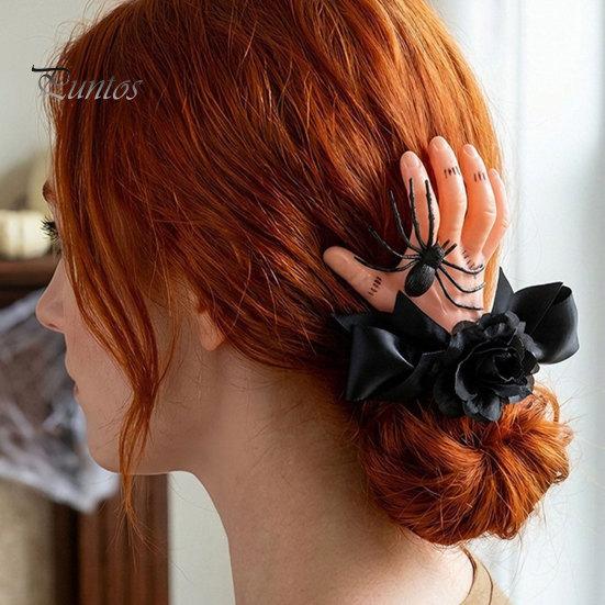 Spider Decoration Hairpin Halloween Hair Clip for Women, Girls, Realistic Severed Hand with Black Rose And Spider, Horror Accessory Party Bow