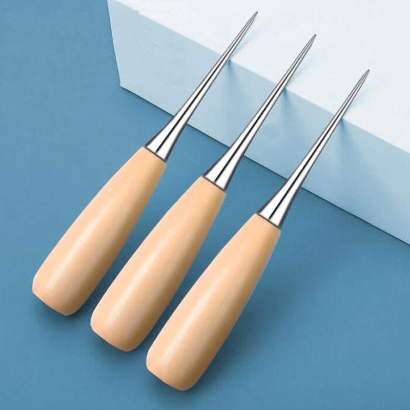 Round hole solid wood handle awl handmade DIY leather awl with sheath awl sewing awl handmade tool