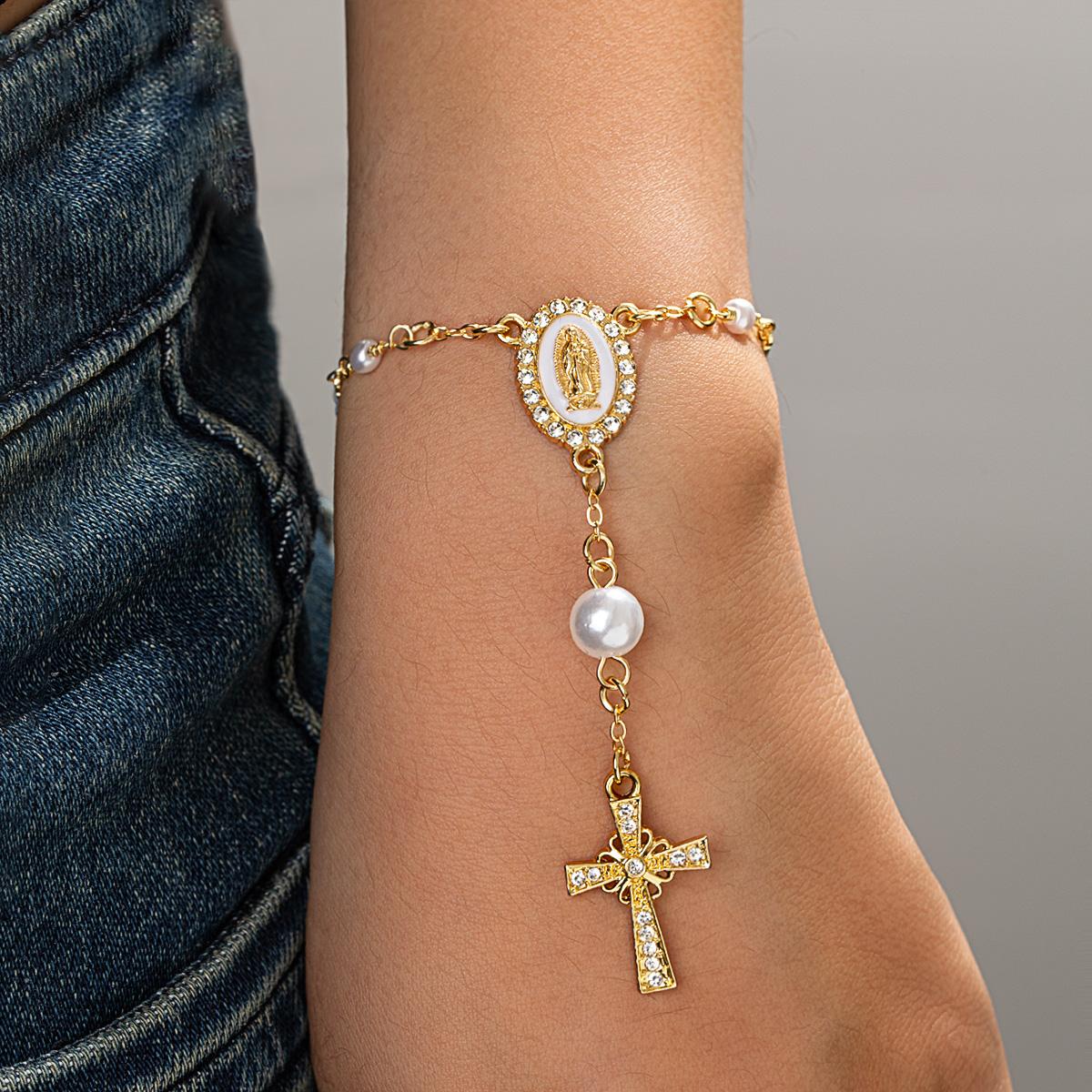 

1 Bohemian style Jesus hang tag cross imitation pearl bracelet chain design versatile women s bracelet
