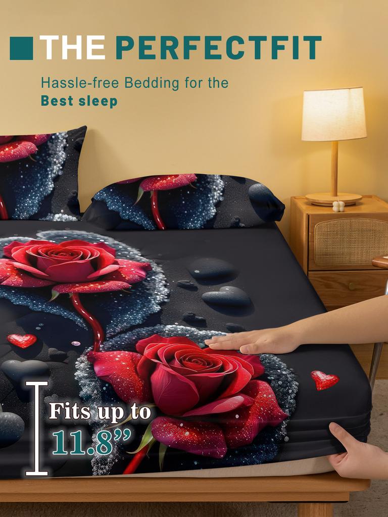 1 Simple modern Plant Flower Red Rose digital printed frosted Fitted Sheet,bedroom printed bed cover,bedding(No pillowcase)