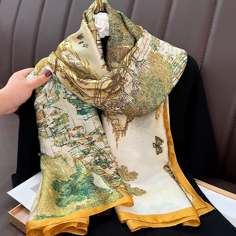 Qingming Shanghetu Long Towel Sunscreen Versatile Printing Imitation Silk Scarf Women's Long Silk Scarf Beach Towel