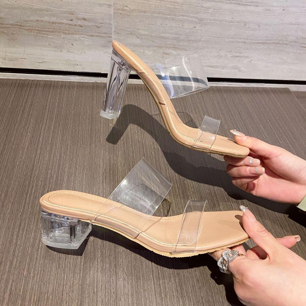 Прозрачные босоножки на высоком каблуке из натуральной кожи из овчины с одним ремешком — фото 5