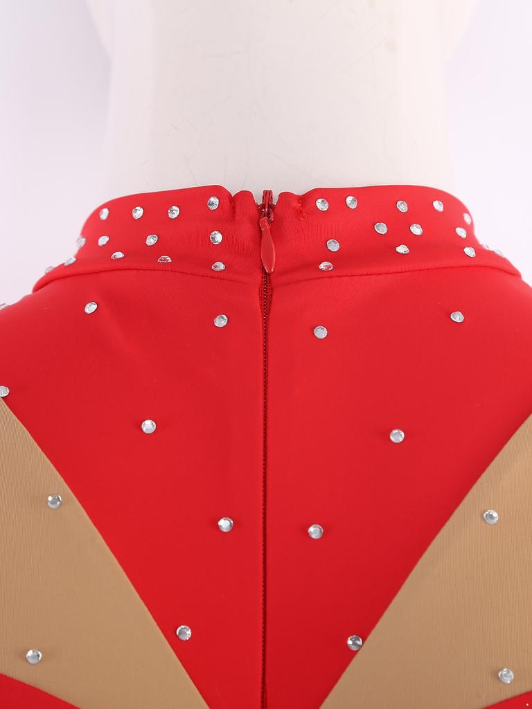 Unitard Lucios cu Strass-uri pentru Gimnastică Feminină, cu Mâneci Lungi și Mănuși, cu Picior, Culoare Contrastantă, Body pentru Patinaj Artistic