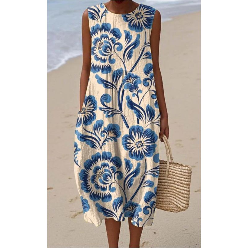 Summer new sleeveless pocket casual printing temperament long dress dress slim dress