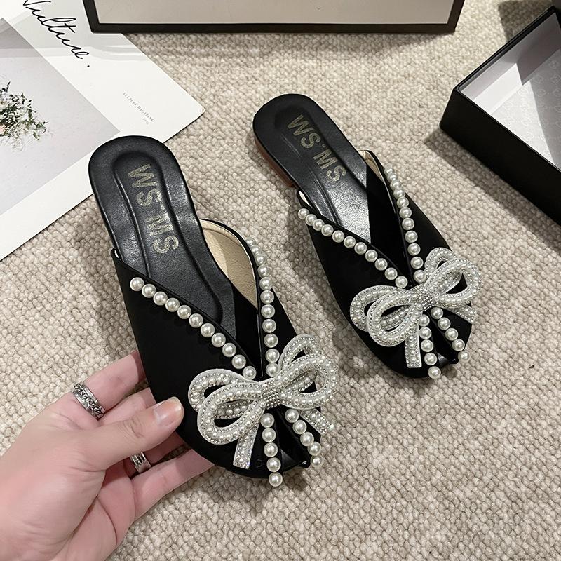 Baotou half slippers women's summer outer wear 2025 new versatile flat bottom pregnant women French pearl bow fish mouth sandals