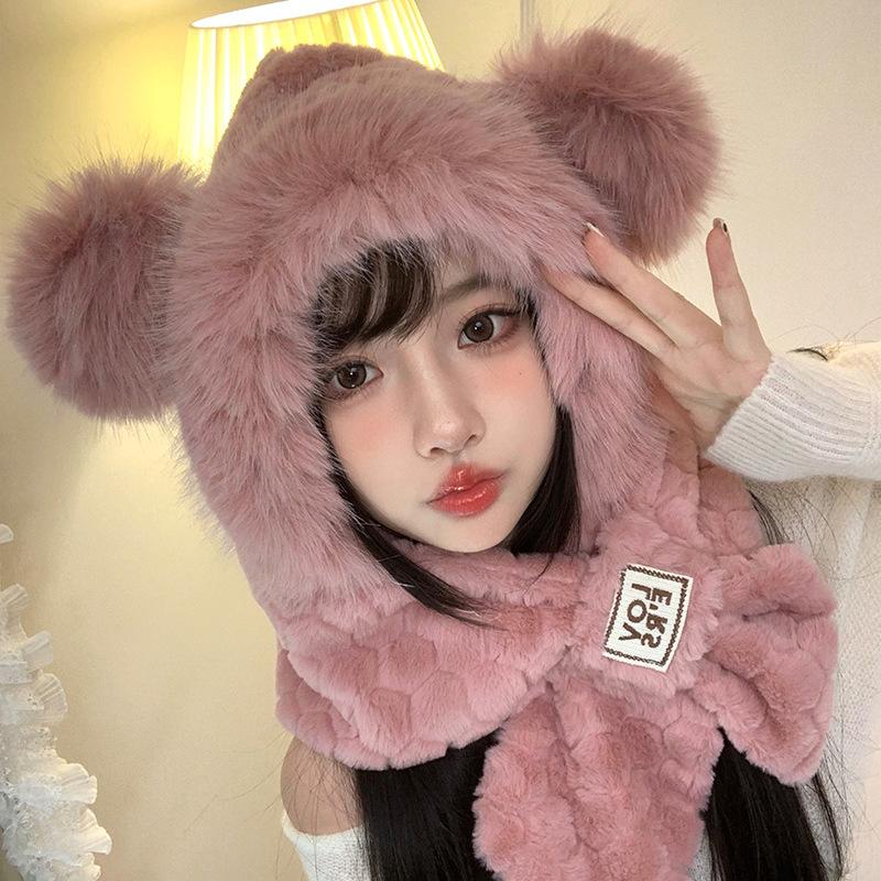 Orelhas de Urso Outono e Inverno Chapéu Lei Feng Feminino Chapéu de Pelúcia Cachecol Integrado Chapéu Pulôver Quente Conjunto Fofo Versátil de Duas Peças